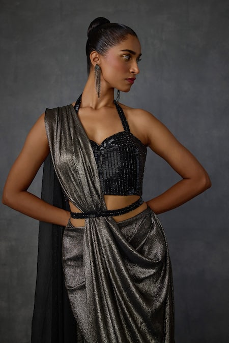 Buy_Namrata Joshipura_Gold Chiffon Beads Sweetheart Neck Greysyl Pre-draped Saree With Blouse _Online_at_Aza_Fashions