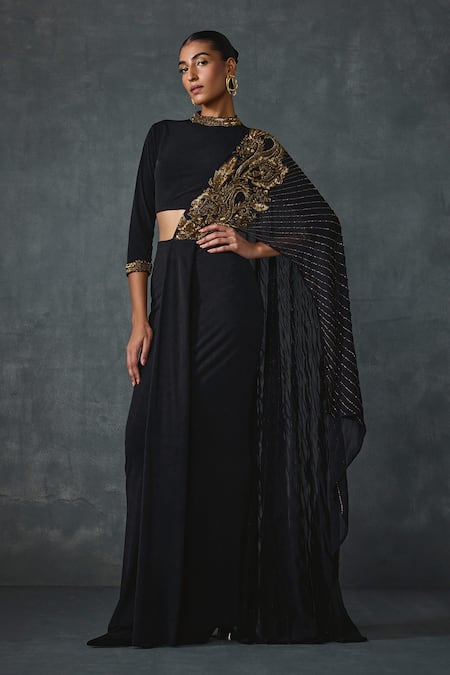 Namrata Joshipura_Black Jersey Sequins, Beads Bandeau Peizuli Classic Pre-draped Saree With Blouse _Online_at_Aza_Fashions