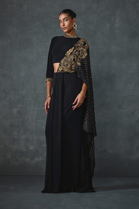 Buy_Namrata Joshipura_Black Jersey Sequins, Beads Bandeau Peizuli Classic Pre-draped Saree With Blouse _Online_at_Aza_Fashions
