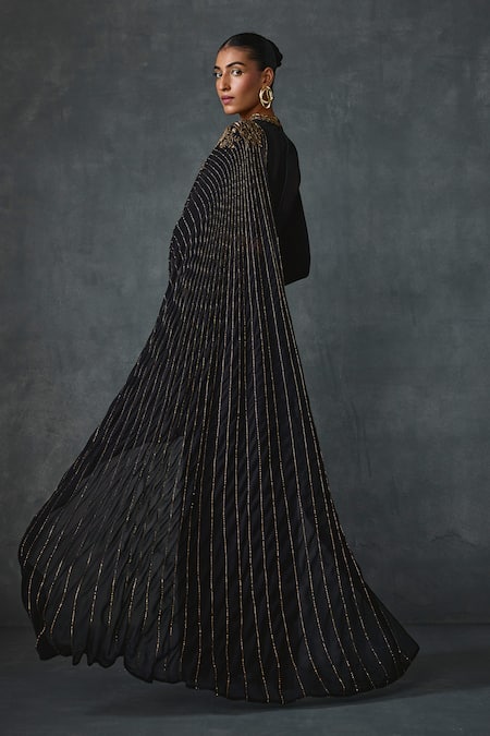 Shop_Namrata Joshipura_Black Jersey Sequins, Beads Bandeau Peizuli Classic Pre-draped Saree With Blouse _Online_at_Aza_Fashions