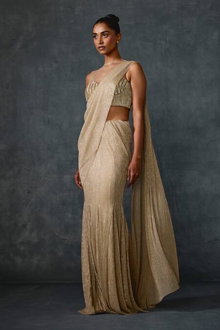 Namrata Joshipura_Gold Crepe Beads, Sequins Round Neck Glissara Godet Pre-draped Saree With Blouse _Online_at_Aza_Fashions