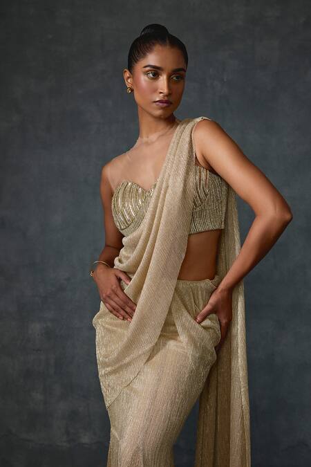 Buy_Namrata Joshipura_Gold Crepe Beads, Sequins Round Neck Glissara Godet Pre-draped Saree With Blouse _Online_at_Aza_Fashions
