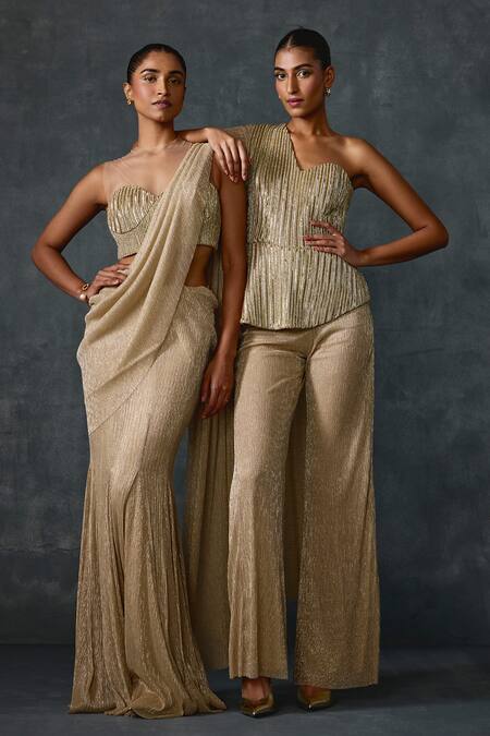 Shop_Namrata Joshipura_Gold Crepe Beads, Sequins Round Neck Glissara Godet Pre-draped Saree With Blouse _Online_at_Aza_Fashions