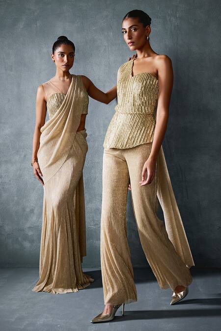 Namrata Joshipura_Gold Crepe Beads, Sequins Round Neck Glissara Godet Pre-draped Saree With Blouse _at_Aza_Fashions