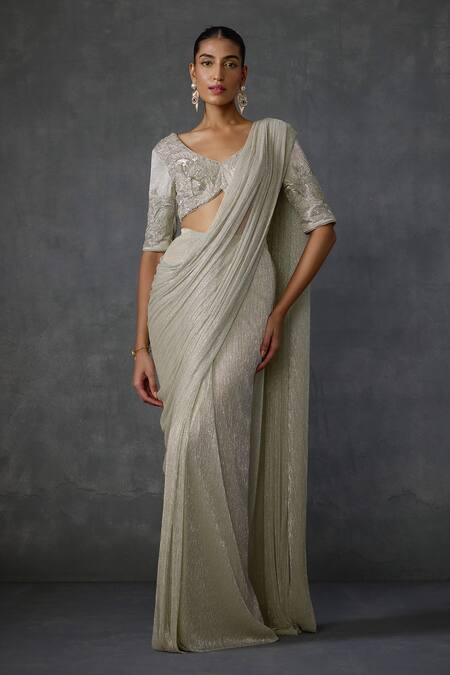 Namrata Joshipura_Silver Crepe Sequins, Beads Round Peizuli Metallic Pre-draped Saree With Blouse _Online_at_Aza_Fashions