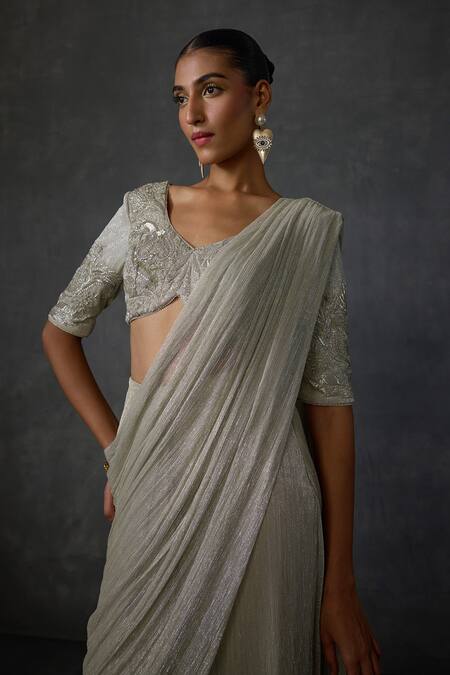 Buy_Namrata Joshipura_Silver Crepe Sequins, Beads Round Peizuli Metallic Pre-draped Saree With Blouse _Online_at_Aza_Fashions