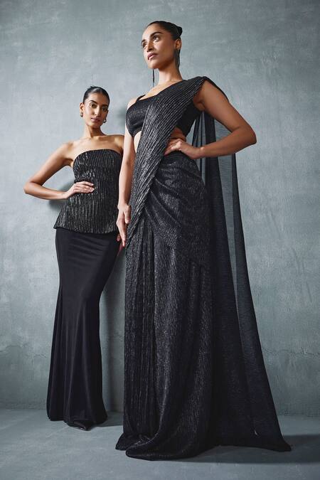 Namrata Joshipura_Black Crepe Beads, Embroidery Round Neck Glissara Pre-draped Saree With Blouse _Online_at_Aza_Fashions