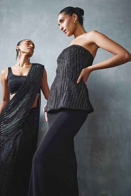 Buy_Namrata Joshipura_Black Crepe Beads, Embroidery Round Neck Glissara Pre-draped Saree With Blouse _Online_at_Aza_Fashions