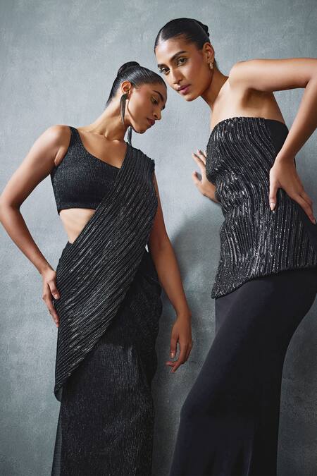 Shop_Namrata Joshipura_Black Crepe Beads, Embroidery Round Neck Glissara Pre-draped Saree With Blouse _Online_at_Aza_Fashions