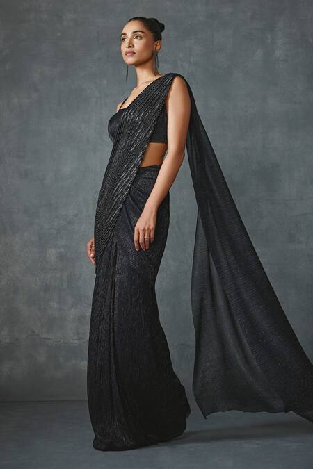 Namrata Joshipura_Black Crepe Beads, Embroidery Round Neck Glissara Pre-draped Saree With Blouse _at_Aza_Fashions