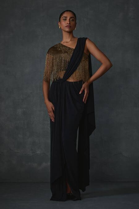 Namrata Joshipura_Black Jersey Beads One Shoulder Akari Fringe Pre-draped Saree With Blouse _Online_at_Aza_Fashions