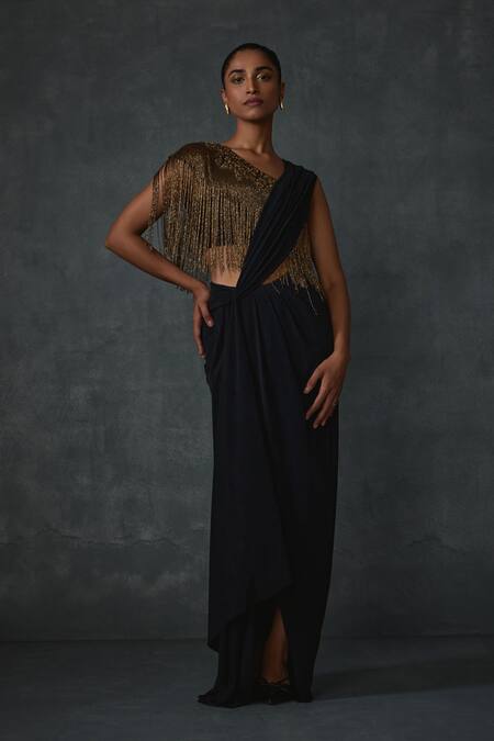 Buy_Namrata Joshipura_Black Jersey Beads One Shoulder Akari Fringe Pre-draped Saree With Blouse _Online_at_Aza_Fashions