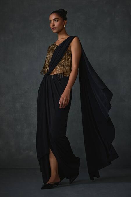 Shop_Namrata Joshipura_Black Jersey Beads One Shoulder Akari Fringe Pre-draped Saree With Blouse _Online_at_Aza_Fashions
