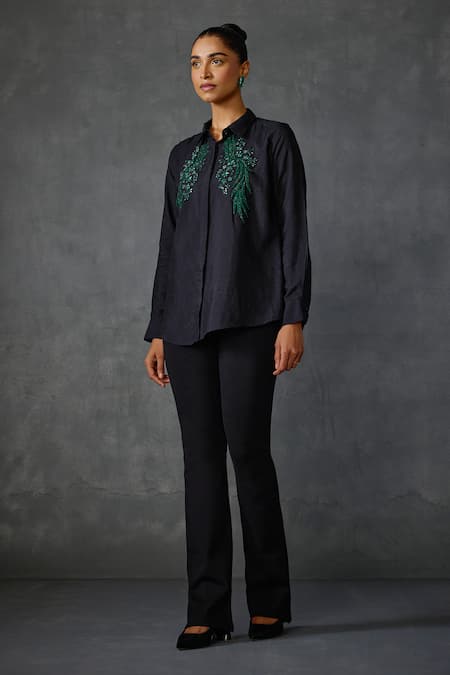 Namrata Joshipura_Black Silk, Voile Sequins, Beads Collared Winter Floral Embroidered Shirt _Online_at_Aza_Fashions