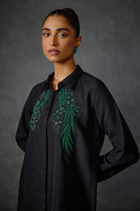 Buy_Namrata Joshipura_Black Silk, Voile Sequins, Beads Collared Winter Floral Embroidered Shirt _Online_at_Aza_Fashions