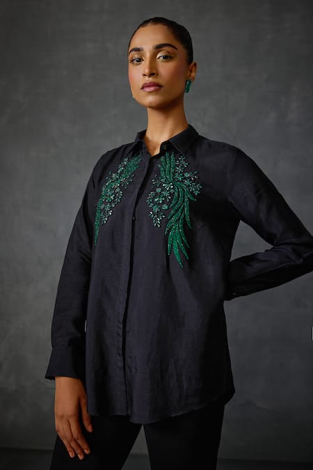 Shop_Namrata Joshipura_Black Silk, Voile Sequins, Beads Collared Winter Floral Embroidered Shirt _Online_at_Aza_Fashions