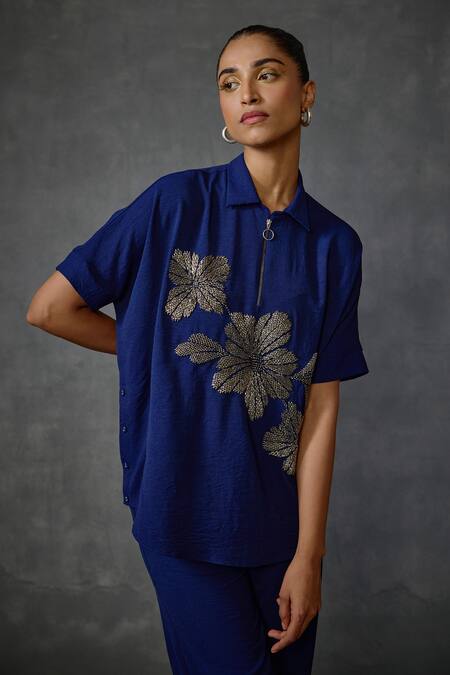 Buy_Namrata Joshipura_Blue Crepe Beads Collared Bloomwave Floral Embroidered Top _Online_at_Aza_Fashions