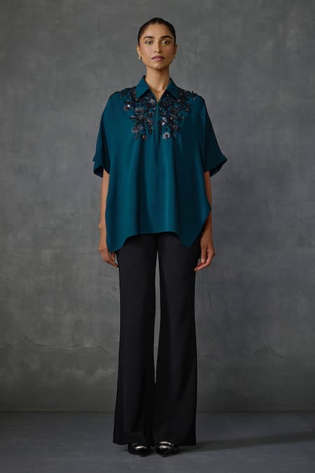 NAMRATA JOSHIPURA Green Textured Crepe Embroidered Sequin Collar Paillette Blossom Top 