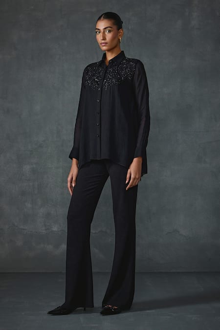 NAMRATA JOSHIPURA Black Georgette Embroidered Beads Collar Peizuli Shirt 