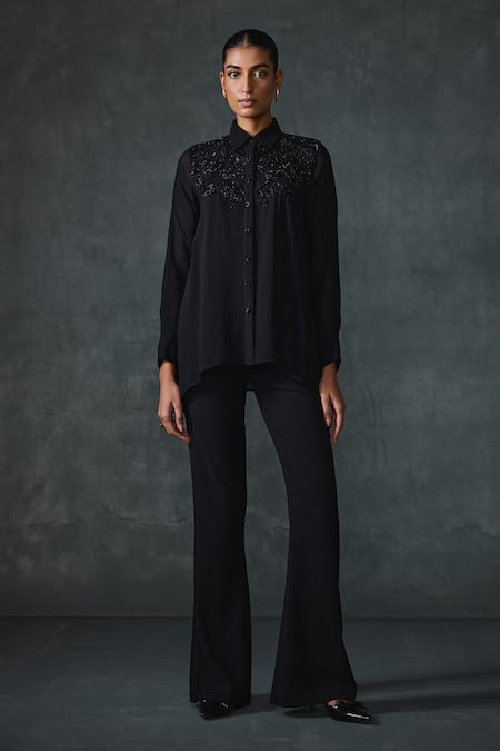 Namrata Joshipura_Black Georgette Sequins, Beads Collared Peizuli Embroidered Shirt _Online_at_Aza_Fashions