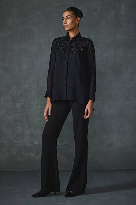 Buy_Namrata Joshipura_Black Georgette Sequins, Beads Collared Peizuli Embroidered Shirt _Online_at_Aza_Fashions
