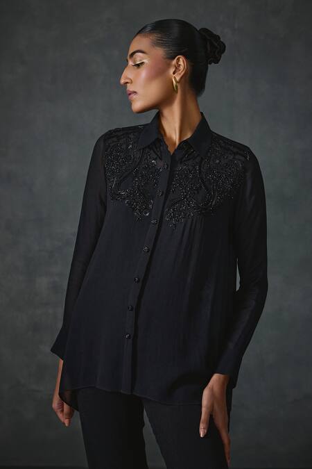 Shop_Namrata Joshipura_Black Georgette Sequins, Beads Collared Peizuli Embroidered Shirt _Online_at_Aza_Fashions