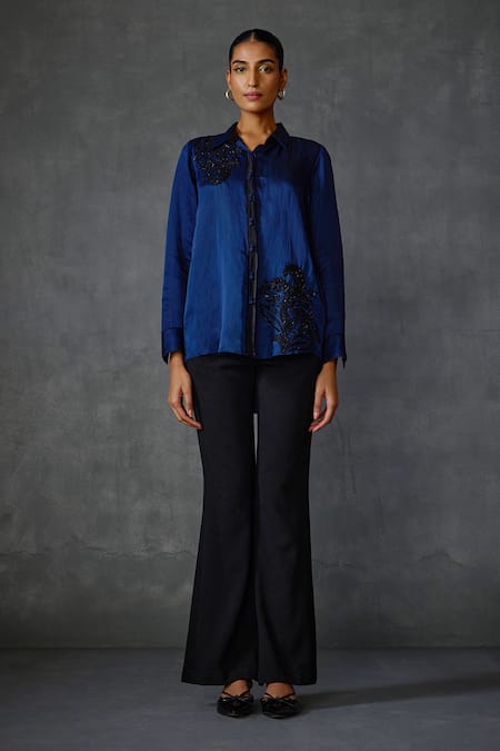 NAMRATA JOSHIPURA Blue Linen Satin Embroidered Beads Collar Peizuli Paisley Shirt 