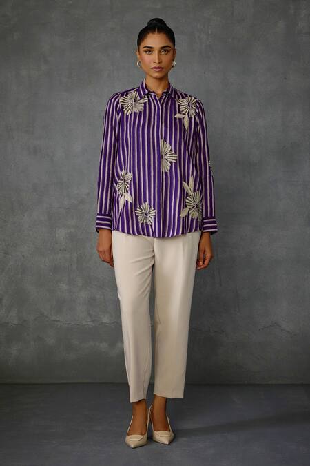Namrata Joshipura_Purple Silk, Voile Beads, Embroidery Collared Moonwilt Stripped Shirt _Online_at_Aza_Fashions