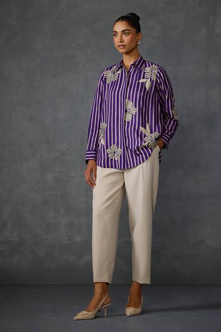 Buy_Namrata Joshipura_Purple Silk, Voile Beads, Embroidery Collared Moonwilt Stripped Shirt _Online_at_Aza_Fashions