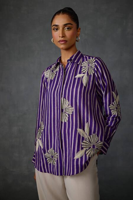 Shop_Namrata Joshipura_Purple Silk, Voile Beads, Embroidery Collared Moonwilt Stripped Shirt _Online_at_Aza_Fashions