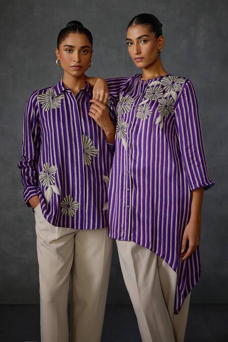 Namrata Joshipura_Purple Silk, Voile Beads, Embroidery Collared Moonwilt Stripped Shirt _at_Aza_Fashions