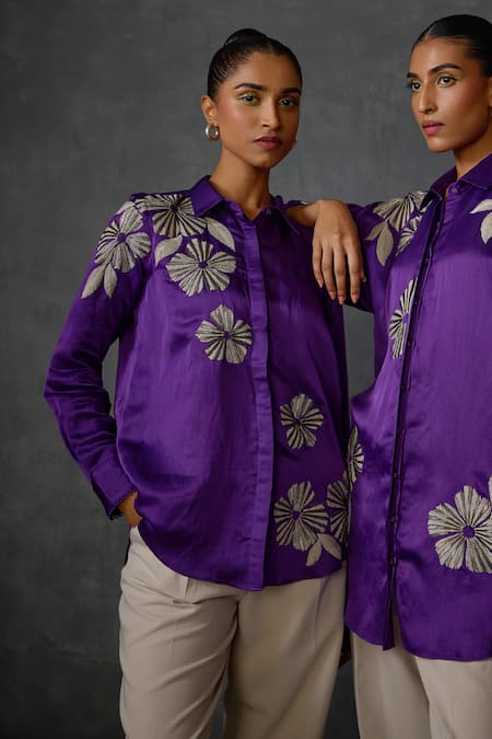 Namrata Joshipura Purple Linen, Satin Beads Collared Moonwilt Embroidered Shirt Online at Aza Fashions Namrata Joshipura_Purple Linen, Satin Beads Collared Moonwilt Embroidered Shirt _Online_at_Aza_Fashions