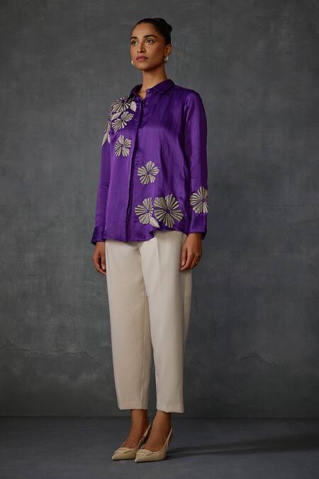 Buy Namrata Joshipura Purple Linen, Satin Beads Collared Moonwilt Embroidered Shirt Online at Aza Fashions Buy_Namrata Joshipura_Purple Linen, Satin Beads Collared Moonwilt Embroidered Shirt _Online_at_Aza_Fashions