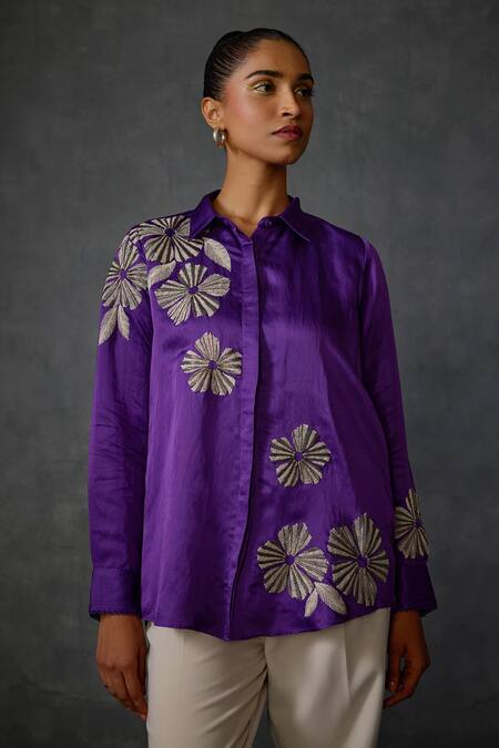 Shop Namrata Joshipura Purple Linen, Satin Beads Collared Moonwilt Embroidered Shirt Online at Aza Fashions Shop_Namrata Joshipura_Purple Linen, Satin Beads Collared Moonwilt Embroidered Shirt _Online_at_Aza_Fashions