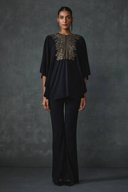 Buy_Namrata Joshipura_Black Jersey Embroidery Round Neck Lattice Floral Embellished Tunic With Pant _Online_at_Aza_Fashions