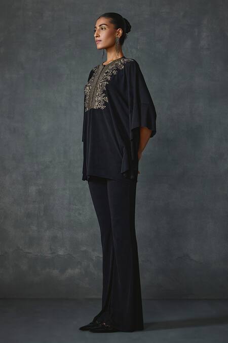 Shop_Namrata Joshipura_Black Jersey Embroidery Round Neck Lattice Floral Embellished Tunic With Pant _Online_at_Aza_Fashions