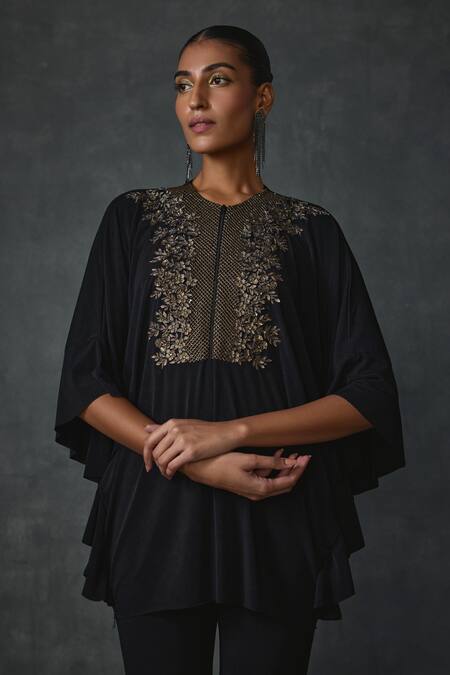 Namrata Joshipura_Black Jersey Embroidery Round Neck Lattice Floral Embellished Tunic With Pant _at_Aza_Fashions
