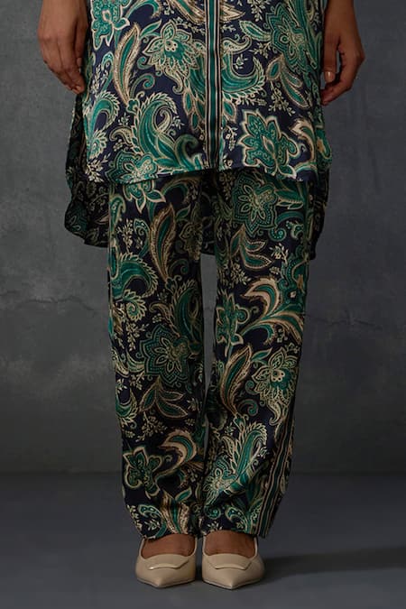 Namrata Joshipura_Black Satin Embroidery Collared Floral Hand Embellished Tunic With Pant _Online_at_Aza_Fashions