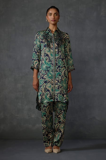 Buy_Namrata Joshipura_Black Satin Embroidery Collared Floral Hand Embellished Tunic With Pant _Online_at_Aza_Fashions