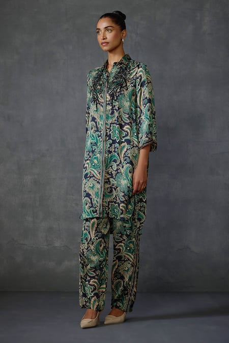 Shop_Namrata Joshipura_Black Satin Embroidery Collared Floral Hand Embellished Tunic With Pant _Online_at_Aza_Fashions