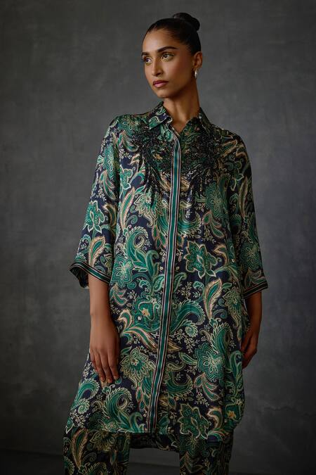 Namrata Joshipura_Black Satin Embroidery Collared Floral Hand Embellished Tunic With Pant _at_Aza_Fashions