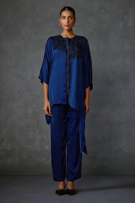 NAMRATA JOSHIPURA Blue Satin Hand Embellishment Paisley Peizuli Asymmetric Hem Tunic With Pant 