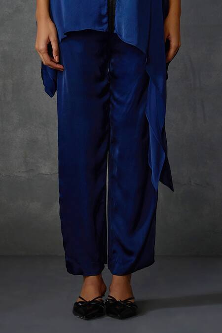 Namrata Joshipura_Blue Satin Embroidery Round Neck Peizuli Asymmetric Hem Tunic With Pant _Online_at_Aza_Fashions