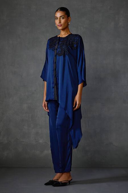 Buy_Namrata Joshipura_Blue Satin Embroidery Round Neck Peizuli Asymmetric Hem Tunic With Pant _Online_at_Aza_Fashions