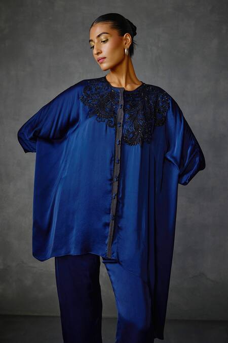 Shop_Namrata Joshipura_Blue Satin Embroidery Round Neck Peizuli Asymmetric Hem Tunic With Pant _Online_at_Aza_Fashions