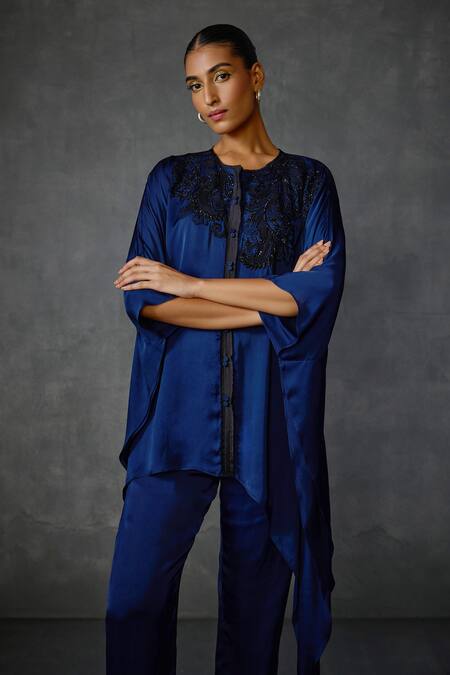 Namrata Joshipura_Blue Satin Embroidery Round Neck Peizuli Asymmetric Hem Tunic With Pant _at_Aza_Fashions