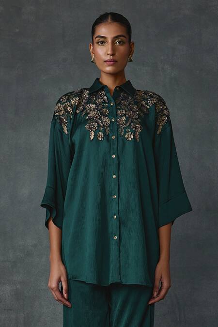 Buy Namrata Joshipura Green Satin Embroidery Collared Blossom Floral Hand Embellished Shirt With Pant Online at Aza Fashions Buy_Namrata Joshipura_Green Satin Embroidery Collared Blossom Floral Hand Embellished Shirt With Pant _Online_at_Aza_Fashions