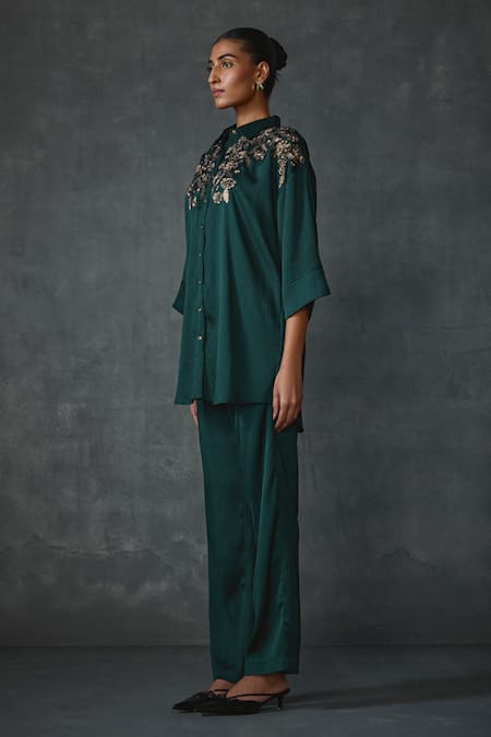 Shop Namrata Joshipura Green Satin Embroidery Collared Blossom Floral Hand Embellished Shirt With Pant Online at Aza Fashions Shop_Namrata Joshipura_Green Satin Embroidery Collared Blossom Floral Hand Embellished Shirt With Pant _Online_at_Aza_Fashions