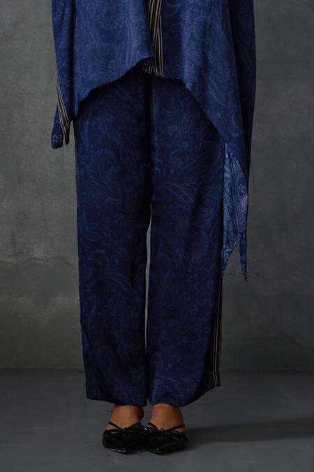 Namrata Joshipura_Blue Satin Embroidery Round Neck Paisley Embellished Tunic With Pant _Online_at_Aza_Fashions