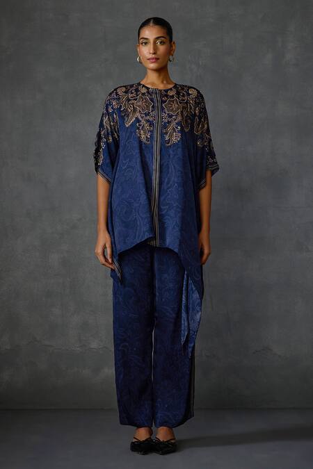Buy_Namrata Joshipura_Blue Satin Embroidery Round Neck Paisley Embellished Tunic With Pant _Online_at_Aza_Fashions